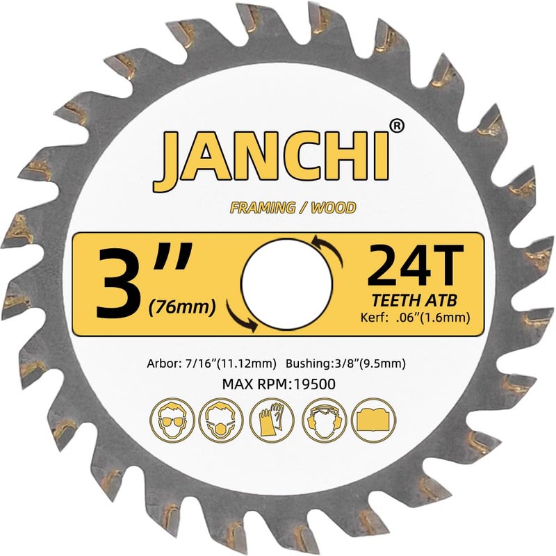 Jianchi مجموعة 3 عبوات من شفرات المنشار الخشبي 3 إنش 24T و30T و36T بسمك رفيع بأسنان كربيد ATB مع محور 7/16" وموصل 3/8" متوافق مع منشار Dremel Saw-MAX/Ultra-Saws ومنشار RotoZip ومعظم العلامات التجارية الرئيسية لأدوات القطع 3 إنش. - Image 4
